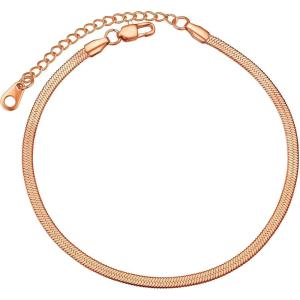 ChainsHouse Ankle Bracelets for Women, Stainless Steel Chain Anklets Waterproof, Women Summer Beach Jewelry Gift, Come with Box(09. 3mm-Herringbone-Rose Gold)