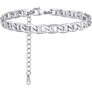 ChainsHouse Ankle Bracelets for Women, Stainless Steel Chain Anklets Waterproof, Women Summer Beach Jewelry Gift, Come with Box(11. 6mm-Flat Marina-Steel)