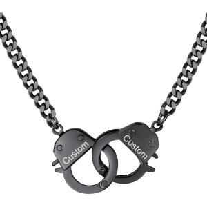 ChainsHouse Handcuff Necklace Mens Stainless Steel Padlock Pendant, 18K Gold Plated/Black Cuban Chain Interlocking 18inch Mens Biker Punk Rocker Statement Jewelry for Women(B: Black-Custom)