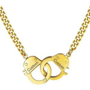 ChainsHouse Handcuff Necklace Mens Stainless Steel Padlock Pendant, 18K Gold Plated/Black Cuban Chain Interlocking 18inch Mens Biker Punk Rocker Statement Jewelry for Women(C: Gold-Custom)