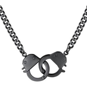 ChainsHouse Handcuff Necklace Mens Stainless Steel Padlock Pendant, 18K Gold Plated/Black Cuban Chain Interlocking 18inch Mens Biker Punk Rocker Statement Jewelry for Women(B: Black)
