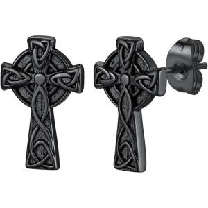 ChainsHouse Viking Earrings for Men, Raven Skull/Celtic Cross Ear Studs, Stainless Steel/Black/Gold Plated Punk Gothic Earrings, Lightweight Hypoallergenic Stud Jewelry with Gift Box(C-Celtic Cross-Black)