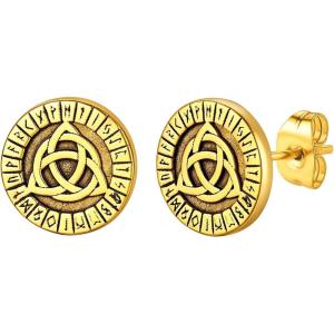 ChainsHouse Viking Earrings for Men, Raven Skull/Celtic Cross Ear Studs, Stainless Steel/Black/Gold Plated Punk Gothic Earrings, Lightweight Hypoallergenic Stud Jewelry with Gift Box(B-Celtic Knot-Gold)