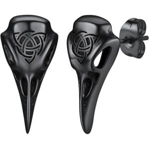 ChainsHouse Viking Earrings for Men, Raven Skull/Celtic Cross Ear Studs, Stainless Steel/Black/Gold Plated Punk Gothic Earrings, Lightweight Hypoallergenic Stud Jewelry with Gift Box(A-Raven Skull-Black)