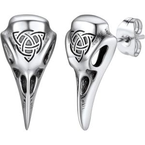 ChainsHouse Viking Earrings for Men, Raven Skull/Celtic Cross Ear Studs, Stainless Steel/Black/Gold Plated Punk Gothic Earrings, Lightweight Hypoallergenic Stud Jewelry with Gift Box(A-Raven Skull-Steel)