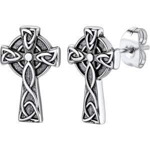 ChainsHouse Viking Earrings for Men, Raven Skull/Celtic Cross Ear Studs, Stainless Steel/Black/Gold Plated Punk Gothic Earrings, Lightweight Hypoallergenic Stud Jewelry with Gift Box(C-Celtic Cross-Steel)