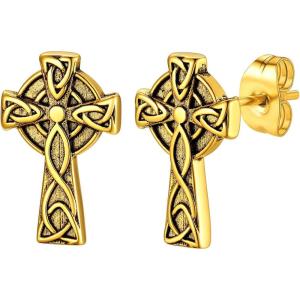 ChainsHouse Viking Earrings for Men, Raven Skull/Celtic Cross Ear Studs, Stainless Steel/Black/Gold Plated Punk Gothic Earrings, Lightweight Hypoallergenic Stud Jewelry with Gift Box(C-Celtic Cross-Gold)