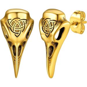ChainsHouse Viking Earrings for Men, Raven Skull/Celtic Cross Ear Studs, Stainless Steel/Black/Gold Plated Punk Gothic Earrings, Lightweight Hypoallergenic Stud Jewelry with Gift Box(A-Raven Skull-Gold)
