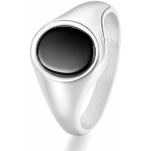 TRUMIUM 18K Gold Plated Signet Rings for Men Women Black Onyx inlay Silver Gold Wedding Bands Lightweight Thick Statement Ring Comfort Fit Size 7-13(Oval Silver Plated)