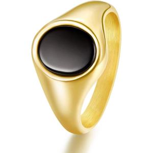 TRUMIUM 18K Gold Plated Signet Rings for Men Women Black Onyx inlay Silver Gold Wedding Bands Lightweight Thick Statement Ring Comfort Fit Size 7-13(Oval Gold Plated)