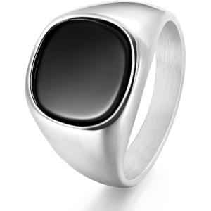 TRUMIUM 18K Gold Plated Signet Rings for Men Women Black Onyx inlay Silver Gold Wedding Bands Lightweight Thick Statement Ring Comfort Fit Size 7-13(Square Silver Plated)