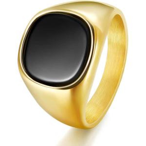TRUMIUM 18K Gold Plated Signet Rings for Men Women Black Onyx inlay Silver Gold Wedding Bands Lightweight Thick Statement Ring Comfort Fit Size 7-13(Square Gold Plated)