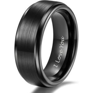 TRUMIUM 4mm 6mm 8mm Tungsten Rings for Men Women Silver Blue Rose Gold Plated Black Tungsten Wedding Band Matte Brushed Finish Comfort Fit Size 4-15(8mm Black I Love You(Step Edge))