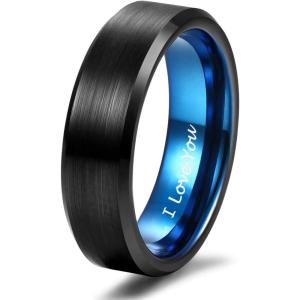 TRUMIUM 4mm 6mm Tungsten Rings for Men Women Black and Blue Wedding Bands Beveled Edges Comfort Fit Size 4-15(6mm Black Blue I Love You)