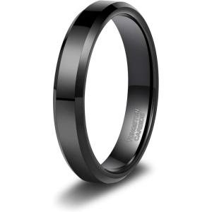 TRUMIUM 4mm 6mm Tungsten Rings for Men Women Black and Blue Wedding Bands Beveled Edges Comfort Fit Size 4-15(Black-4mm High Polished)