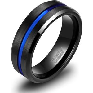 TRUMIUM 8mm Mens Wedding Ring Tungsten Centre Groove Beveled Edge Matte Brushed Comfort Fit Size 6-14(8mm Black Blue)