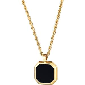 TRUMIUM Black Onyx Pendant Necklace for Mens Womens 14k Gold Plated Stainless Steel Necklace Square Rectangle Pendant Rope Chain 22inch(Gold Chain and Black Pendant)