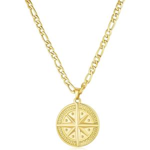 TRUMIUM Compass Necklace for Mens Womens 18k Gold Silver Plated Pendant Necklaces Stainless Steel Rope Chain 22inches with 2″ Chain Extenders(Compass-Gold)