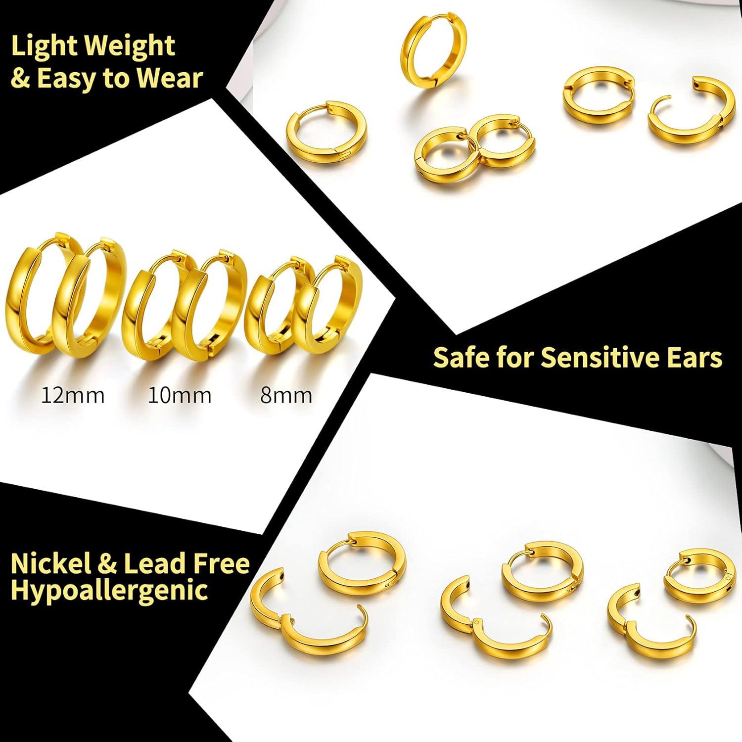 imageChainsHouse Hypoallergenic Surgical Stainless Steel Hoop Earrings Set 18K GoldBlack Metal Plated 7mm8mm9mm12mm 3 Pairs Nickel Free Huggie Hoop Earrings for Women Men with Gift BoxB golddiameter 7912mm 3 pairs