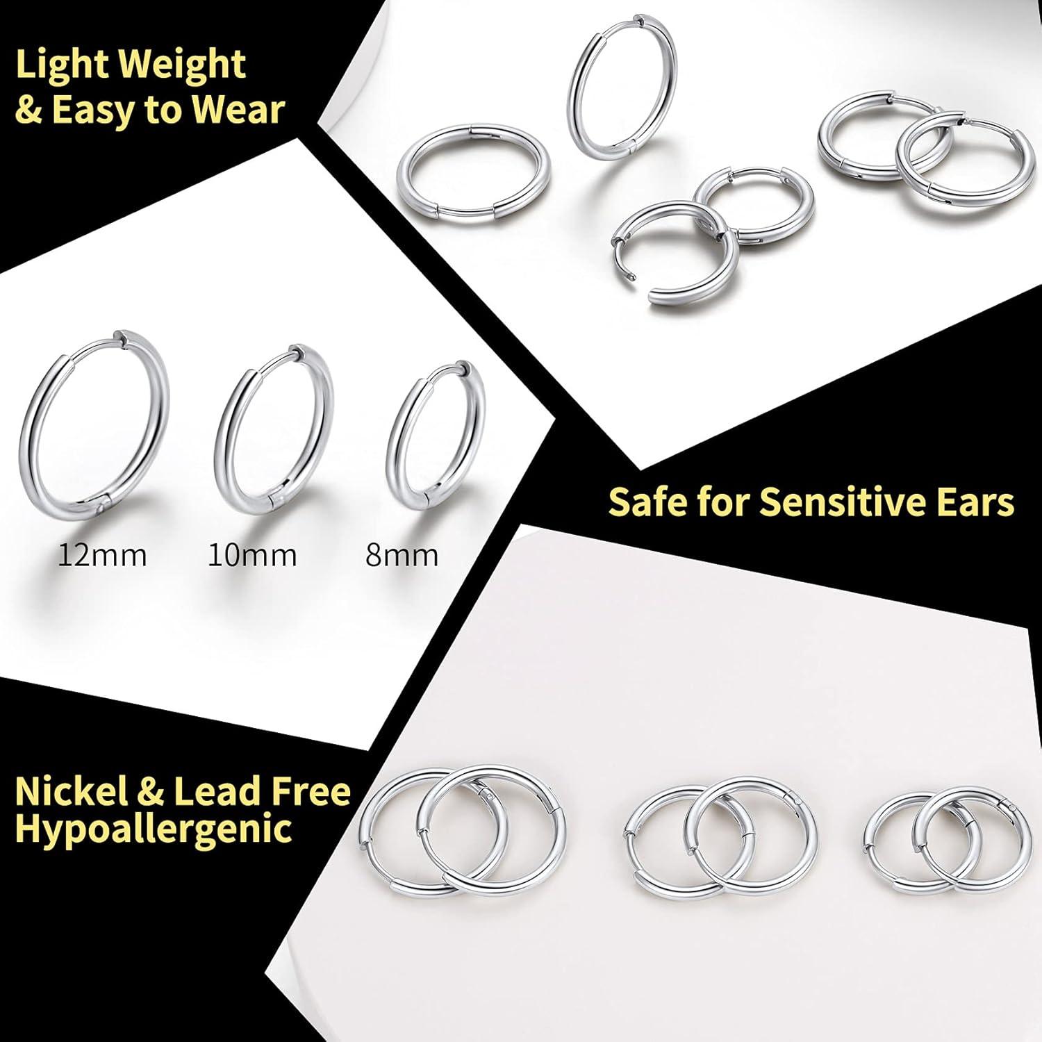 imageChainsHouse Hypoallergenic Surgical Stainless Steel Hoop Earrings Set 18K GoldBlack Metal Plated 7mm8mm9mm12mm 3 Pairs Nickel Free Huggie Hoop Earrings for Women Men with Gift BoxA steeldiameter 81012mm 3 pairs