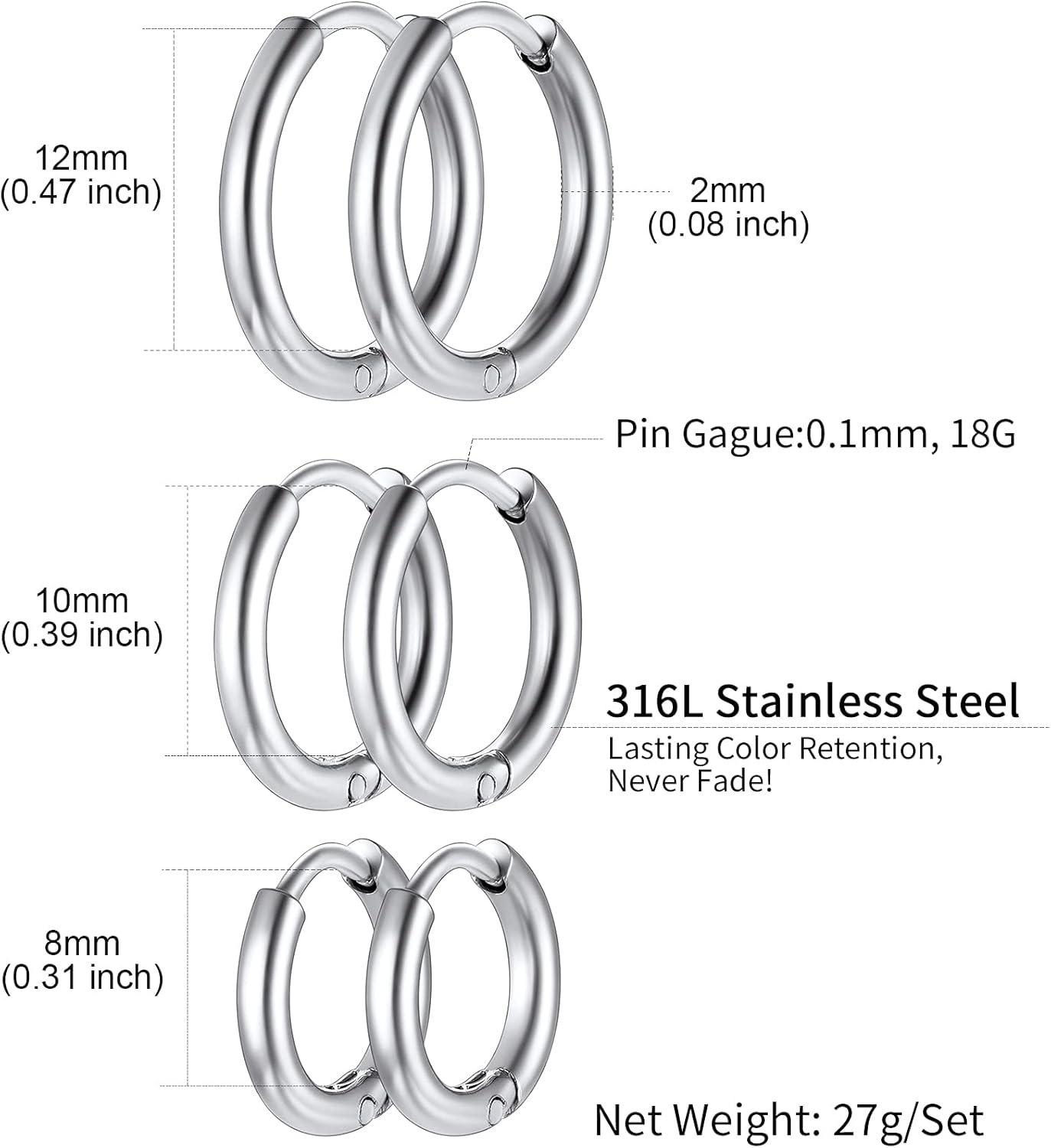 imageChainsHouse Hypoallergenic Surgical Stainless Steel Hoop Earrings Set 18K GoldBlack Metal Plated 7mm8mm9mm12mm 3 Pairs Nickel Free Huggie Hoop Earrings for Women Men with Gift BoxA steeldiameter 81012mm 3 pairs
