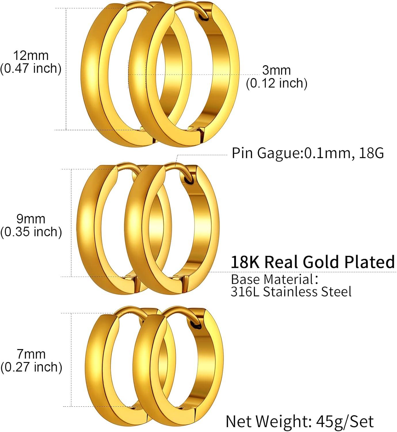 imageChainsHouse Hypoallergenic Surgical Stainless Steel Hoop Earrings Set 18K GoldBlack Metal Plated 7mm8mm9mm12mm 3 Pairs Nickel Free Huggie Hoop Earrings for Women Men with Gift BoxB golddiameter 7912mm 3 pairs