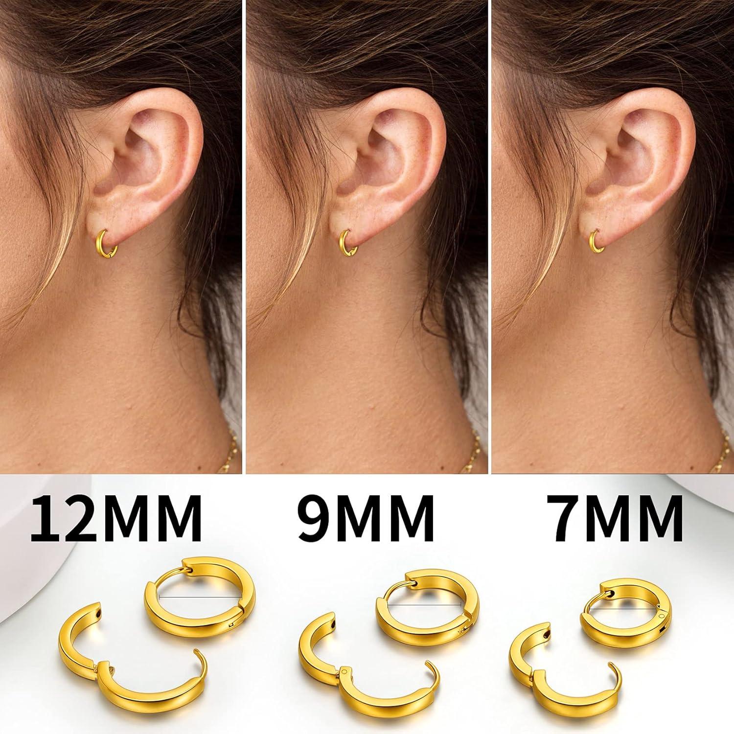 imageChainsHouse Hypoallergenic Surgical Stainless Steel Hoop Earrings Set 18K GoldBlack Metal Plated 7mm8mm9mm12mm 3 Pairs Nickel Free Huggie Hoop Earrings for Women Men with Gift BoxB golddiameter 7912mm 3 pairs