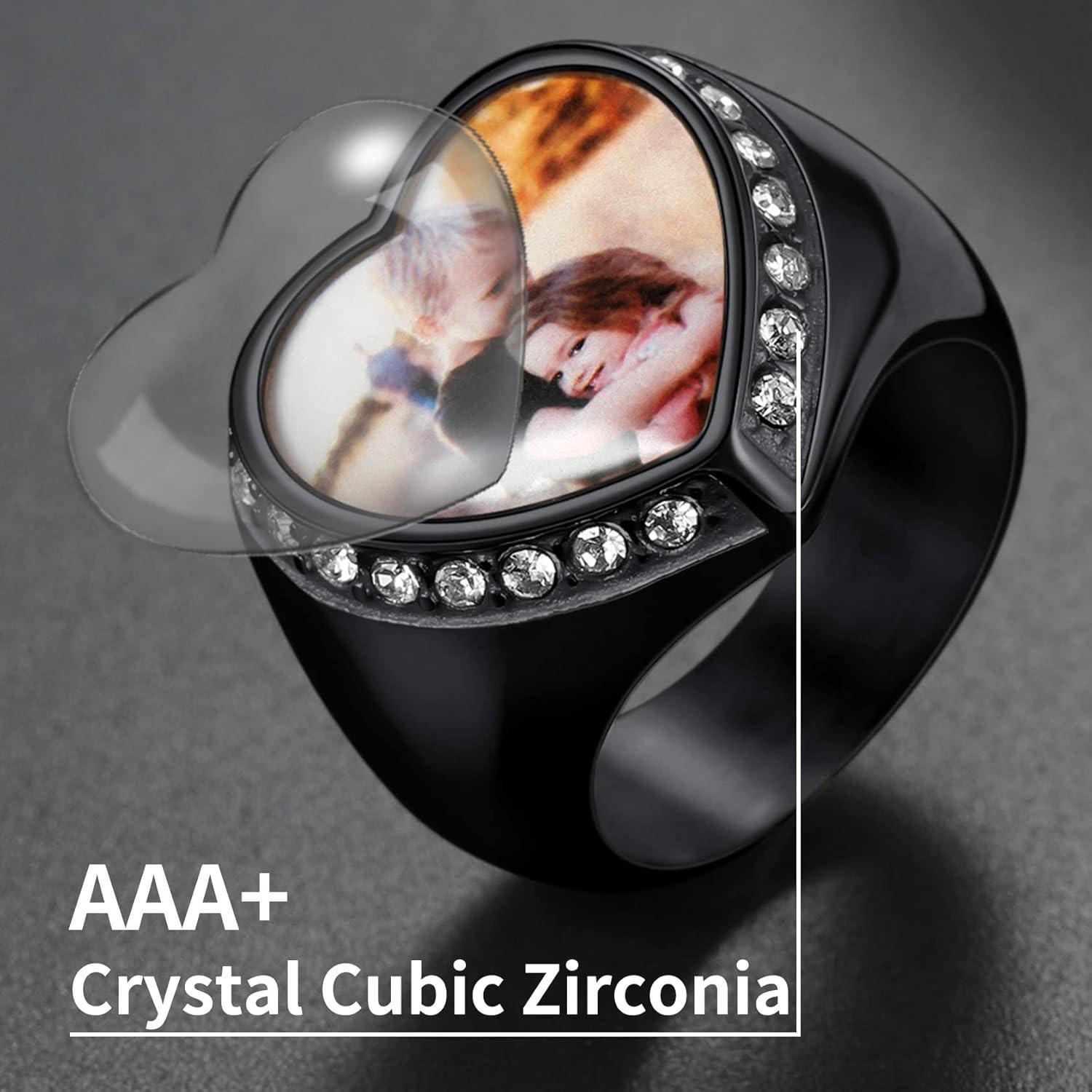 imageChainsHouse Signet Rings Solid Polished Stainless Steel Biker Ring for Men Women 316L Stainless Steel18K GoldBlack Metal Plated Text EngravingPhoto Custom Size 7 to 14 Send Gift Boxb CZ Heart Photo Black