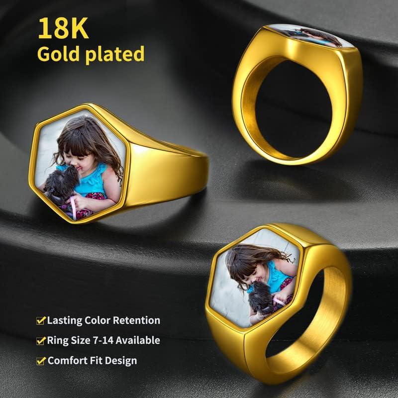 imageChainsHouse Signet Rings Solid Polished Stainless Steel Biker Ring for Men Women 316L Stainless Steel18K GoldBlack Metal Plated Text EngravingPhoto Custom Size 7 to 14 Send Gift Boxe Hexagonal Photo Gold