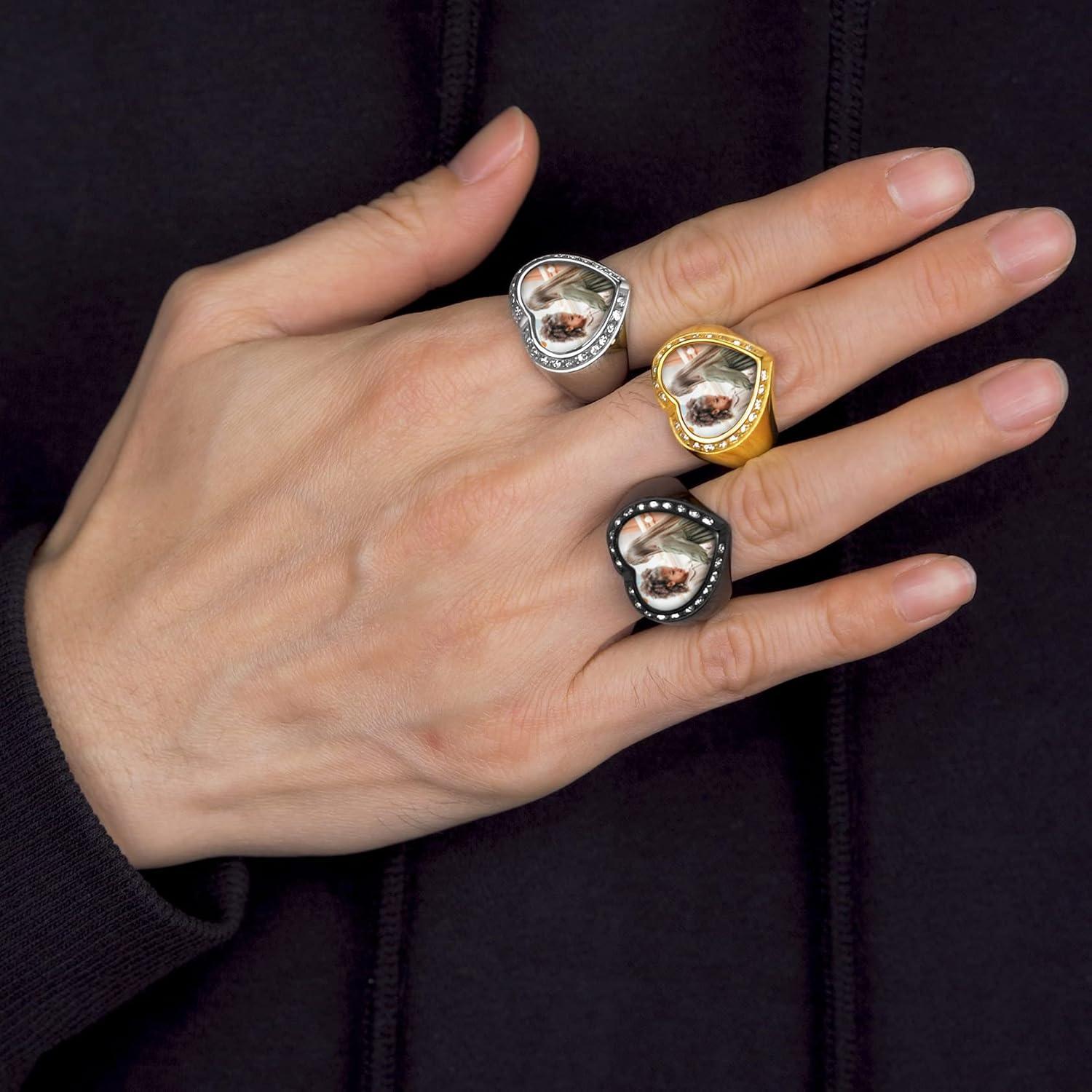 imageChainsHouse Signet Rings Solid Polished Stainless Steel Biker Ring for Men Women 316L Stainless Steel18K GoldBlack Metal Plated Text EngravingPhoto Custom Size 7 to 14 Send Gift Boxb CZ Heart Photo Black