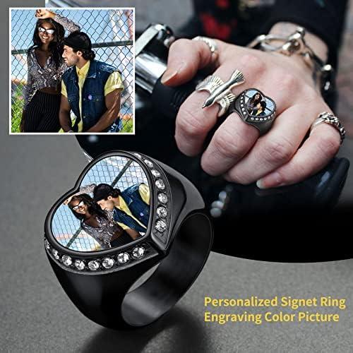 imageChainsHouse Signet Rings Solid Polished Stainless Steel Biker Ring for Men Women 316L Stainless Steel18K GoldBlack Metal Plated Text EngravingPhoto Custom Size 7 to 14 Send Gift Boxb CZ Heart Photo Black