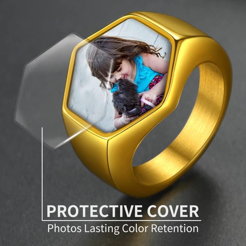 imageChainsHouse Signet Rings Solid Polished Stainless Steel Biker Ring for Men Women 316L Stainless Steel18K GoldBlack Metal Plated Text EngravingPhoto Custom Size 7 to 14 Send Gift Boxe Hexagonal Photo Gold