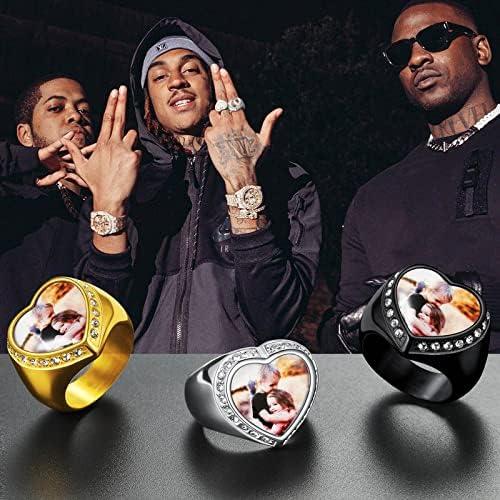 imageChainsHouse Signet Rings Solid Polished Stainless Steel Biker Ring for Men Women 316L Stainless Steel18K GoldBlack Metal Plated Text EngravingPhoto Custom Size 7 to 14 Send Gift Boxb CZ Heart Photo Black