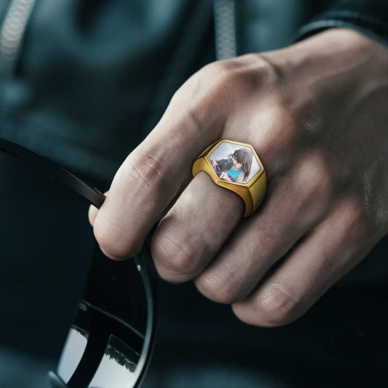 imageChainsHouse Signet Rings Solid Polished Stainless Steel Biker Ring for Men Women 316L Stainless Steel18K GoldBlack Metal Plated Text EngravingPhoto Custom Size 7 to 14 Send Gift Boxe Hexagonal Photo Gold