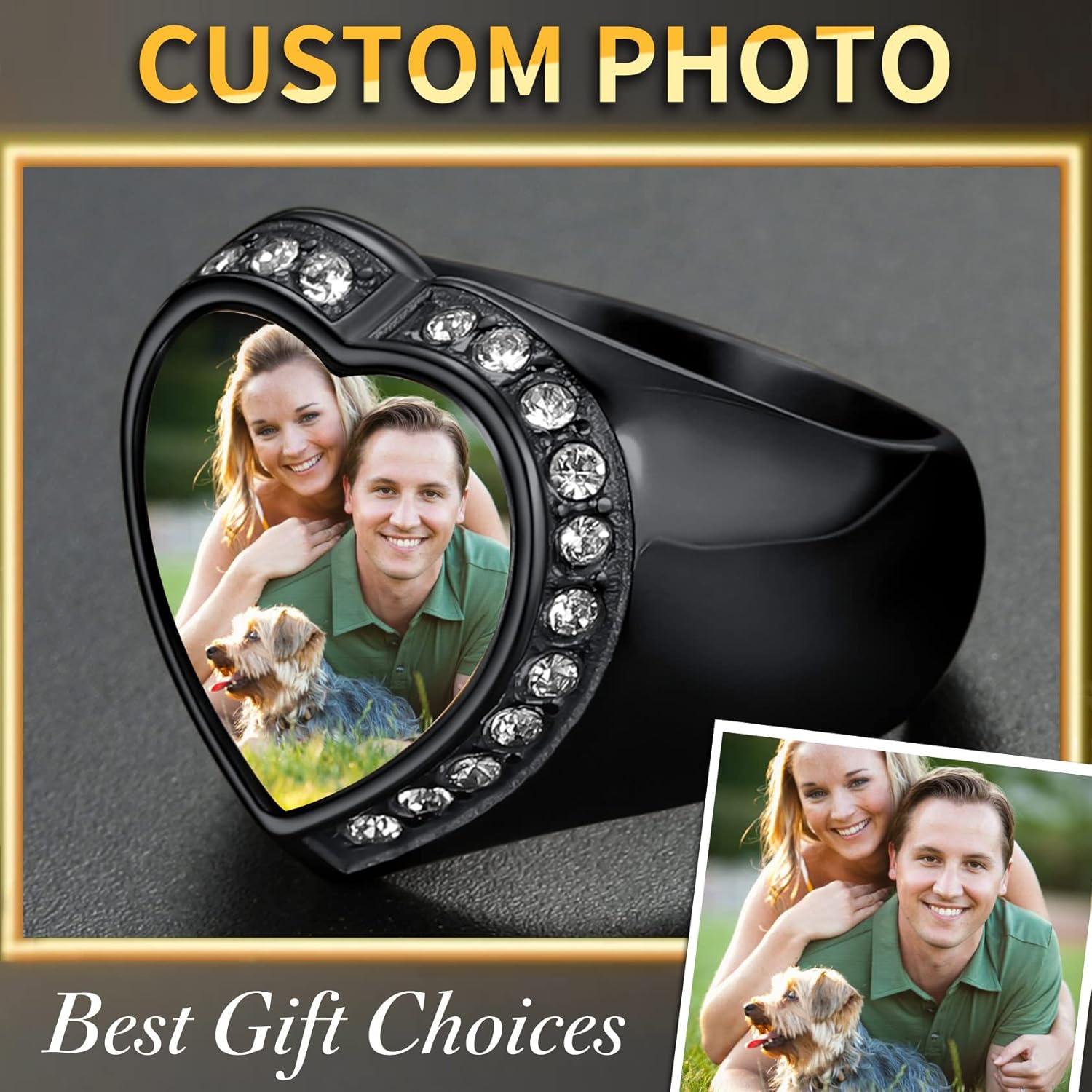 imageChainsHouse Signet Rings Solid Polished Stainless Steel Biker Ring for Men Women 316L Stainless Steel18K GoldBlack Metal Plated Text EngravingPhoto Custom Size 7 to 14 Send Gift Boxb CZ Heart Photo Black