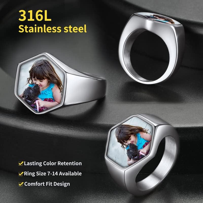 imageChainsHouse Signet Rings Solid Polished Stainless Steel Biker Ring for Men Women 316L Stainless Steel18K GoldBlack Metal Plated Text EngravingPhoto Custom Size 7 to 14 Send Gift Boxe Hexagonal Photo Steel