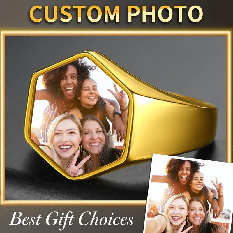 imageChainsHouse Signet Rings Solid Polished Stainless Steel Biker Ring for Men Women 316L Stainless Steel18K GoldBlack Metal Plated Text EngravingPhoto Custom Size 7 to 14 Send Gift Boxe Hexagonal Photo Gold