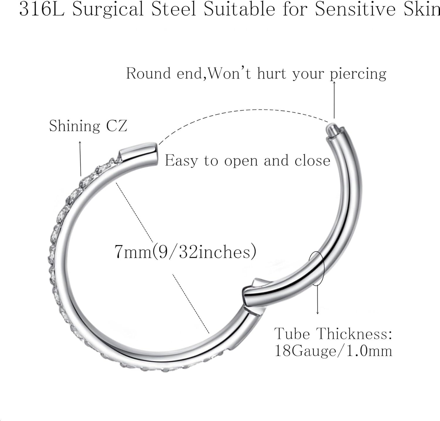 imageORANGELOVE 20G 18G 16G Clear CZ Nose Ring Hoop 316L Surgical Steel Seamless Silver Septum Ring Clicker Jewelry Cartilage Earring Ear Piercing Hoop Earrings for Women Men Helix Rook Lobe Conch Tragus Daith Lip Hinged Piercing Jewelry with Cubic Zirconia2pcsClear CZ 18G 7mm Silver