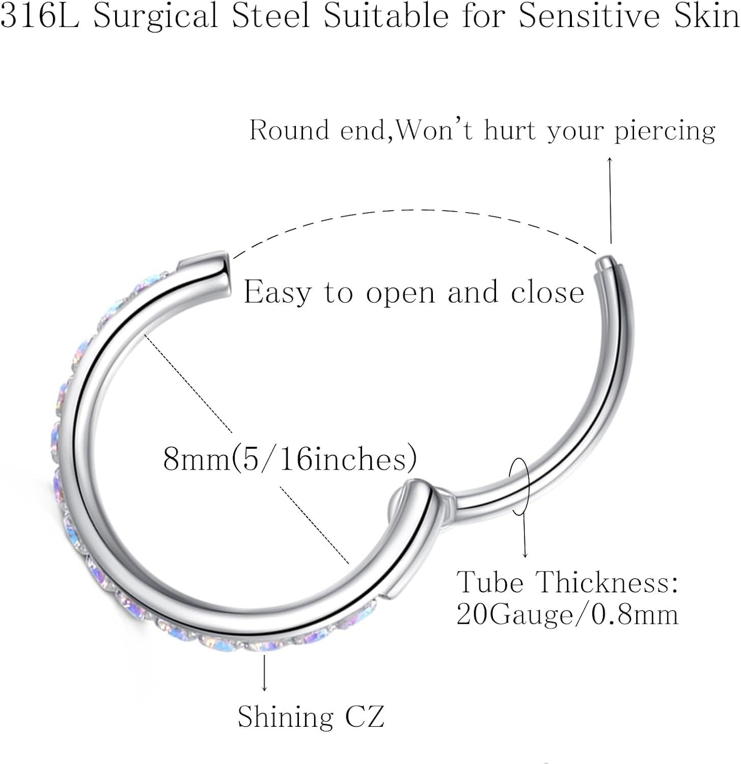imageORANGELOVE 20G 18G 16G Clear CZ Nose Ring Hoop 316L Surgical Steel Seamless Silver Septum Ring Clicker Jewelry Cartilage Earring Ear Piercing Hoop Earrings for Women Men Helix Rook Lobe Conch Tragus Daith Lip Hinged Piercing Jewelry with Cubic Zirconia1pcRainbow CZ 20G 8mm Silver