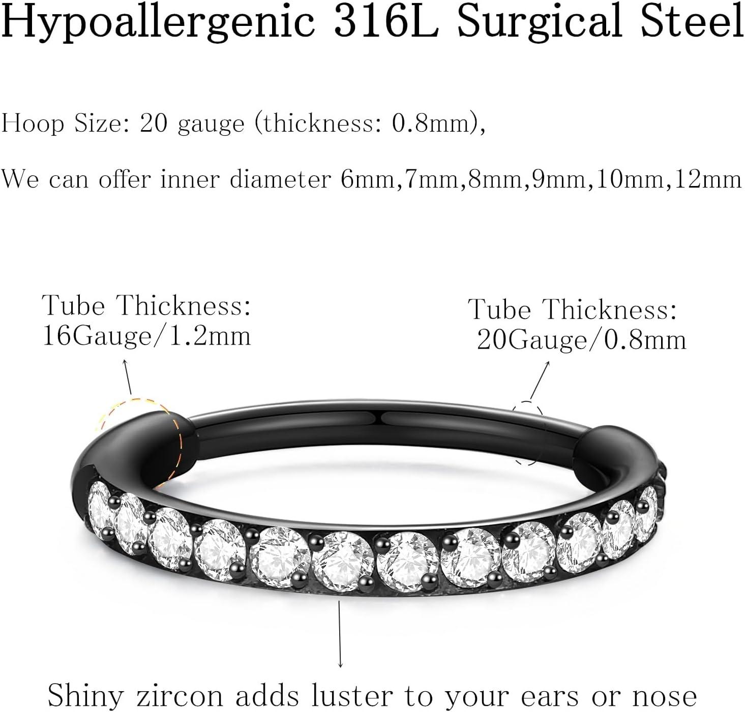 imageORANGELOVE 20G 18G 16G Clear CZ Nose Ring Hoop 316L Surgical Steel Seamless Silver Septum Ring Clicker Jewelry Cartilage Earring Ear Piercing Hoop Earrings for Women Men Helix Rook Lobe Conch Tragus Daith Lip Hinged Piercing Jewelry with Cubic Zirconia1pcClear CZ 20G 8mm Black