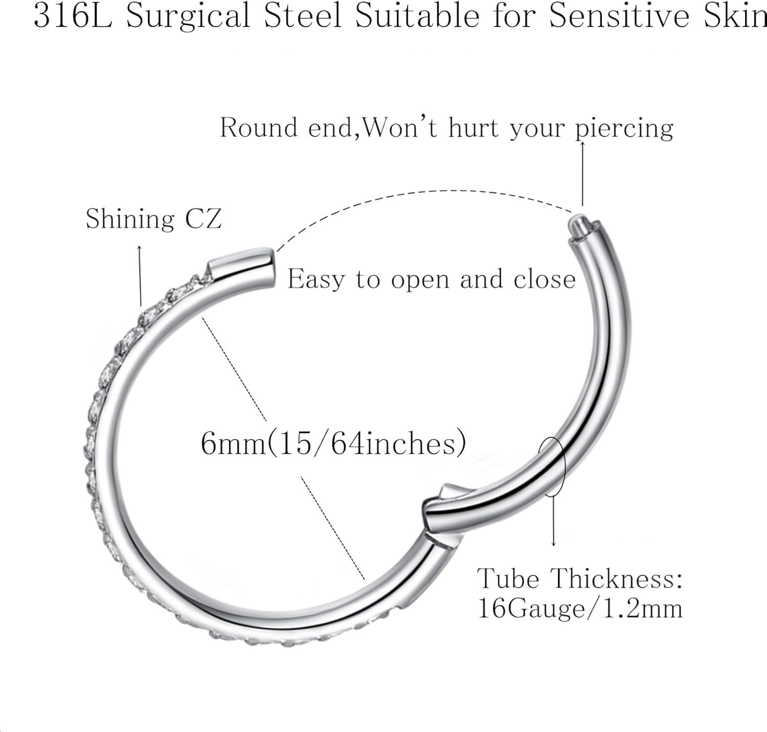 imageORANGELOVE 20G 18G 16G Clear CZ Nose Ring Hoop 316L Surgical Steel Seamless Silver Septum Ring Clicker Jewelry Cartilage Earring Ear Piercing Hoop Earrings for Women Men Helix Rook Lobe Conch Tragus Daith Lip Hinged Piercing Jewelry with Cubic Zirconia2pcsClear CZ 16G 6mm Silver
