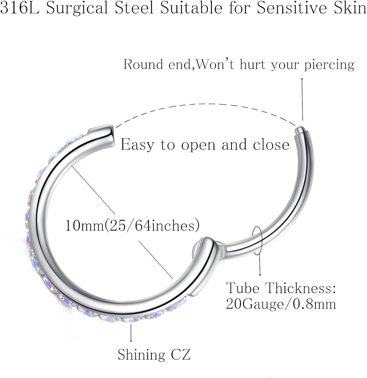 imageORANGELOVE 20G 18G 16G Clear CZ Nose Ring Hoop 316L Surgical Steel Seamless Silver Septum Ring Clicker Jewelry Cartilage Earring Ear Piercing Hoop Earrings for Women Men Helix Rook Lobe Conch Tragus Daith Lip Hinged Piercing Jewelry with Cubic Zirconia1pcRainbow CZ 20G 10mm Silver