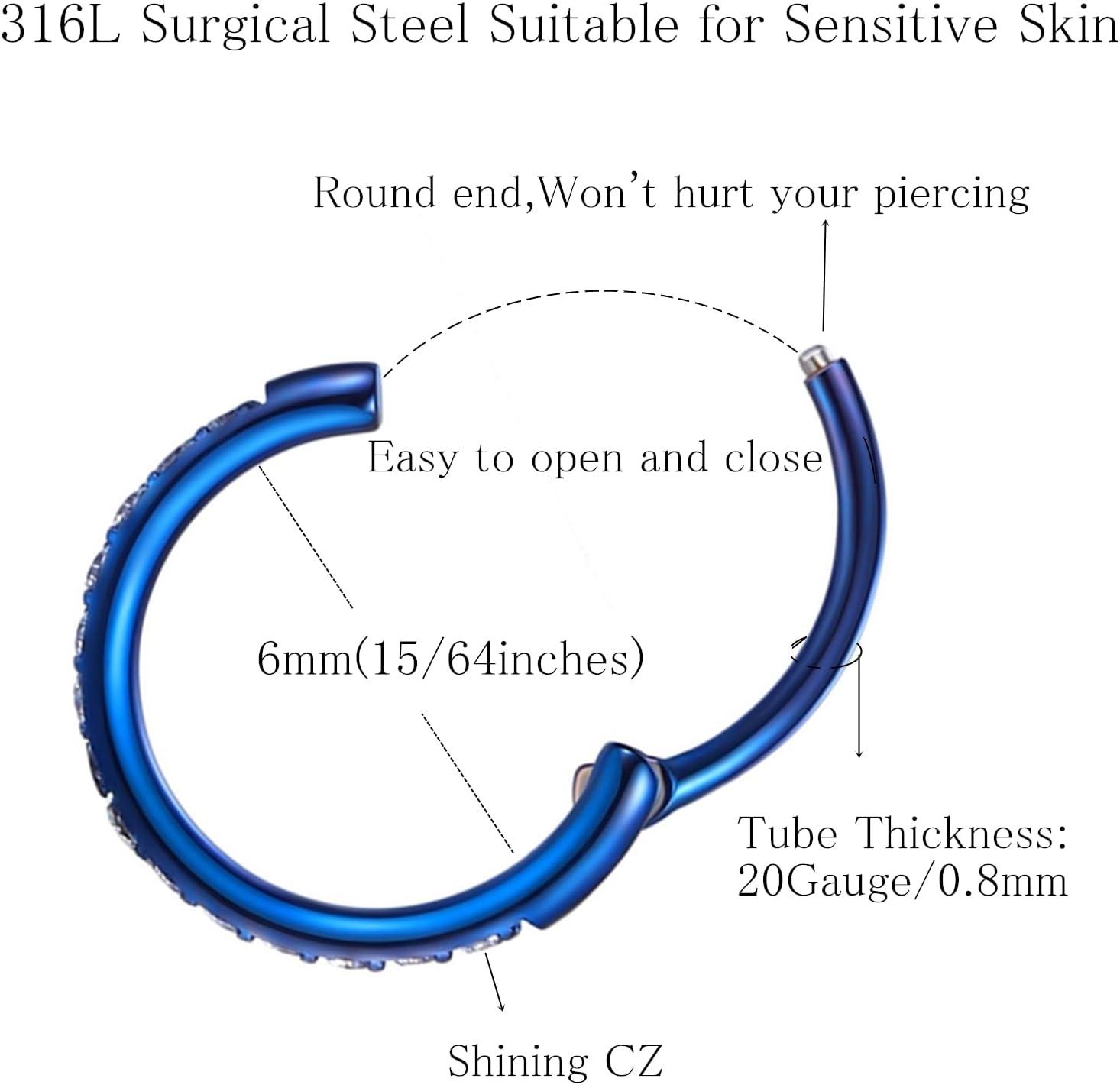 imageORANGELOVE 20G 18G 16G Clear CZ Nose Ring Hoop 316L Surgical Steel Seamless Silver Septum Ring Clicker Jewelry Cartilage Earring Ear Piercing Hoop Earrings for Women Men Helix Rook Lobe Conch Tragus Daith Lip Hinged Piercing Jewelry with Cubic Zirconia1pcClear CZ 20G 6mm Blue