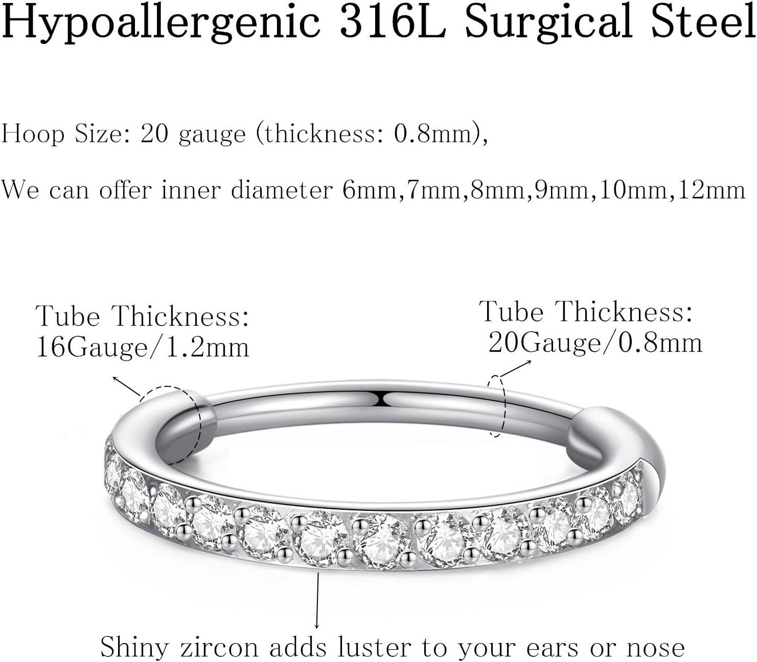 imageORANGELOVE 20G 18G 16G Clear CZ Nose Ring Hoop 316L Surgical Steel Seamless Silver Septum Ring Clicker Jewelry Cartilage Earring Ear Piercing Hoop Earrings for Women Men Helix Rook Lobe Conch Tragus Daith Lip Hinged Piercing Jewelry with Cubic Zirconia1pcClear CZ 20G 6mm Silver