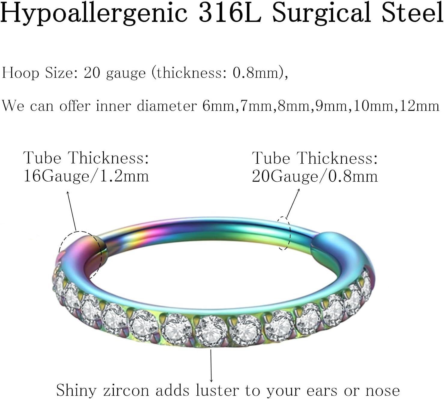 imageORANGELOVE 20G 18G 16G Clear CZ Nose Ring Hoop 316L Surgical Steel Seamless Silver Septum Ring Clicker Jewelry Cartilage Earring Ear Piercing Hoop Earrings for Women Men Helix Rook Lobe Conch Tragus Daith Lip Hinged Piercing Jewelry with Cubic Zirconia1pcClear CZ 20G 8mm Rainbow
