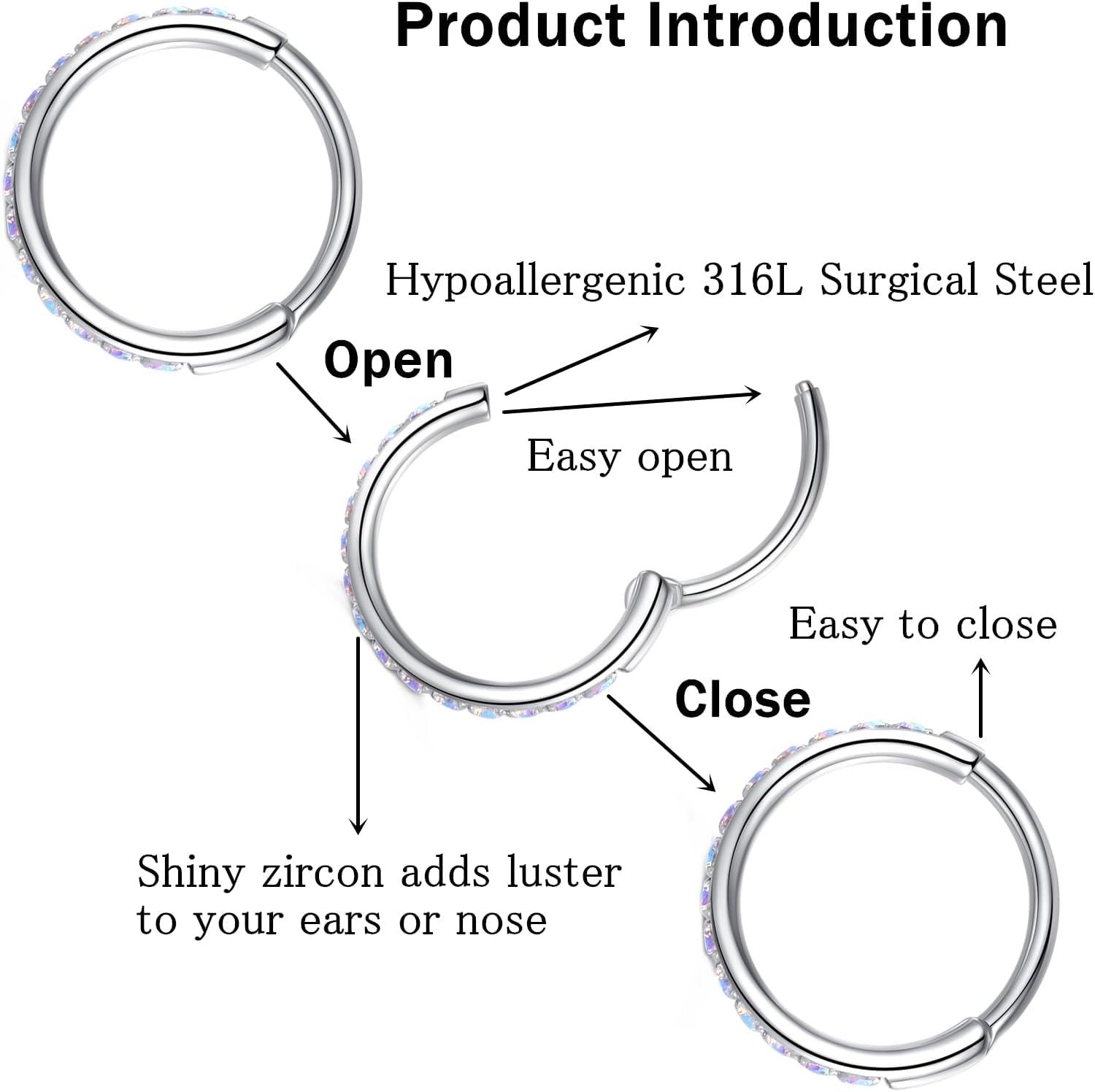 imageORANGELOVE 20G 18G 16G Clear CZ Nose Ring Hoop 316L Surgical Steel Seamless Silver Septum Ring Clicker Jewelry Cartilage Earring Ear Piercing Hoop Earrings for Women Men Helix Rook Lobe Conch Tragus Daith Lip Hinged Piercing Jewelry with Cubic Zirconia1pcRainbow CZ 20G 9mm Silver