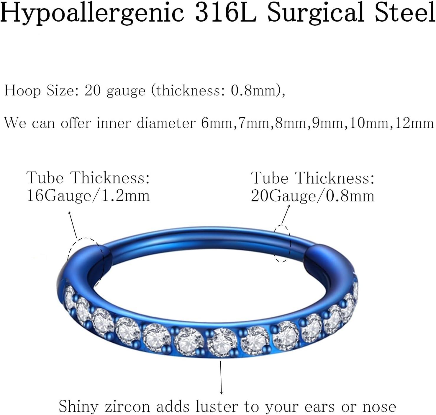 imageORANGELOVE 20G 18G 16G Clear CZ Nose Ring Hoop 316L Surgical Steel Seamless Silver Septum Ring Clicker Jewelry Cartilage Earring Ear Piercing Hoop Earrings for Women Men Helix Rook Lobe Conch Tragus Daith Lip Hinged Piercing Jewelry with Cubic Zirconia1pcClear CZ 20G 7mm Blue