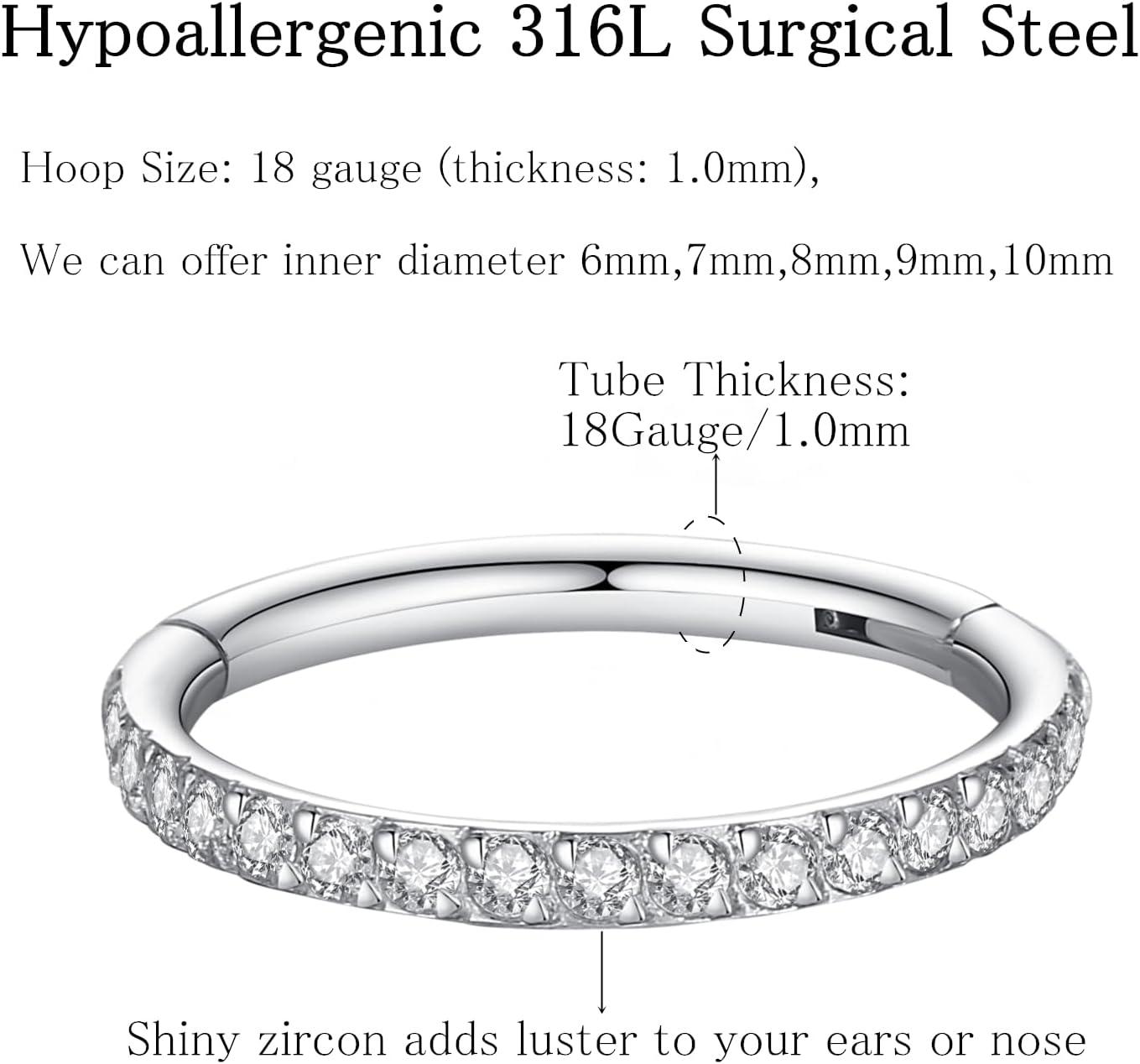 imageORANGELOVE 20G 18G 16G Clear CZ Nose Ring Hoop 316L Surgical Steel Seamless Silver Septum Ring Clicker Jewelry Cartilage Earring Ear Piercing Hoop Earrings for Women Men Helix Rook Lobe Conch Tragus Daith Lip Hinged Piercing Jewelry with Cubic Zirconia2pcsClear CZ 18G 6mm Silver