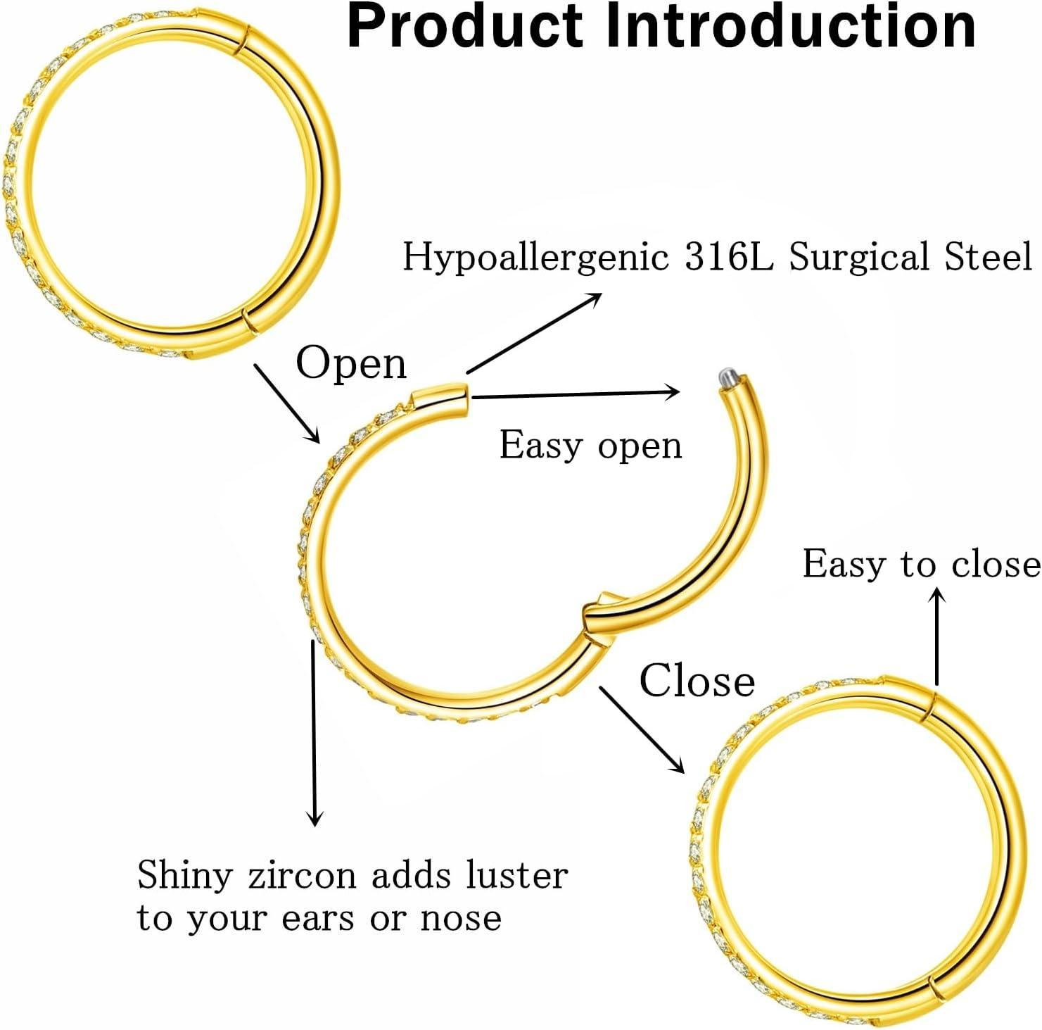 imageORANGELOVE 20G 18G 16G Clear CZ Nose Ring Hoop 316L Surgical Steel Seamless Silver Septum Ring Clicker Jewelry Cartilage Earring Ear Piercing Hoop Earrings for Women Men Helix Rook Lobe Conch Tragus Daith Lip Hinged Piercing Jewelry with Cubic Zirconia2pcsClear CZ 18G 9mm Gold