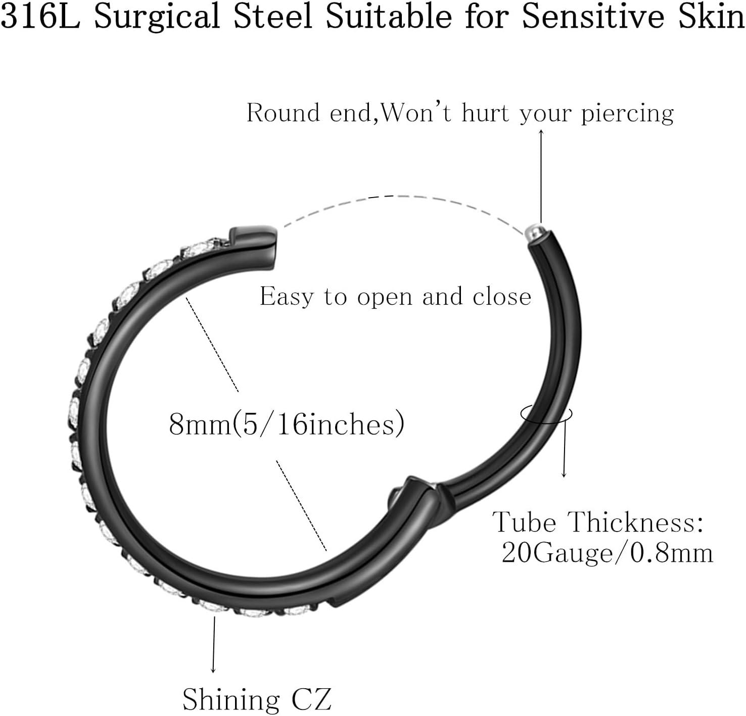 imageORANGELOVE 20G 18G 16G Clear CZ Nose Ring Hoop 316L Surgical Steel Seamless Silver Septum Ring Clicker Jewelry Cartilage Earring Ear Piercing Hoop Earrings for Women Men Helix Rook Lobe Conch Tragus Daith Lip Hinged Piercing Jewelry with Cubic Zirconia1pcClear CZ 20G 8mm Black
